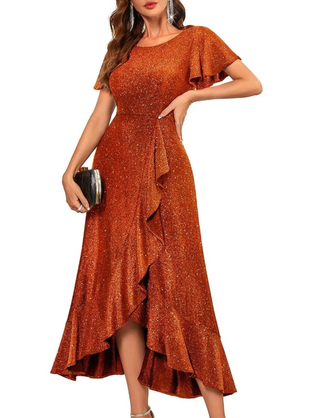 Women's Orange Sequin Bride Wedding Stunning Evening Gowns Formal Events Dresses